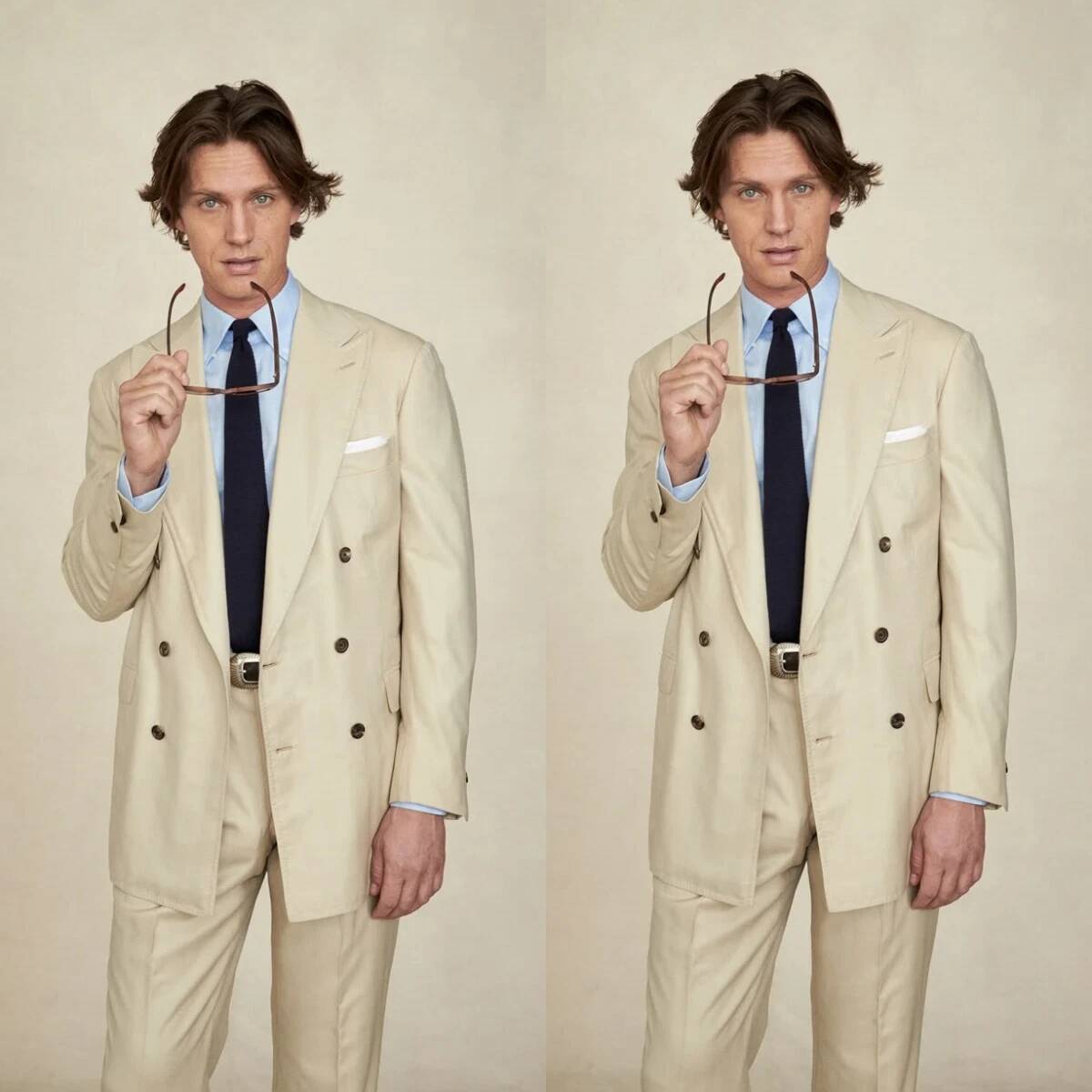 Tailored Trouser Wide - 베이지 와이드 피크 라펠 더블 브레스티드
