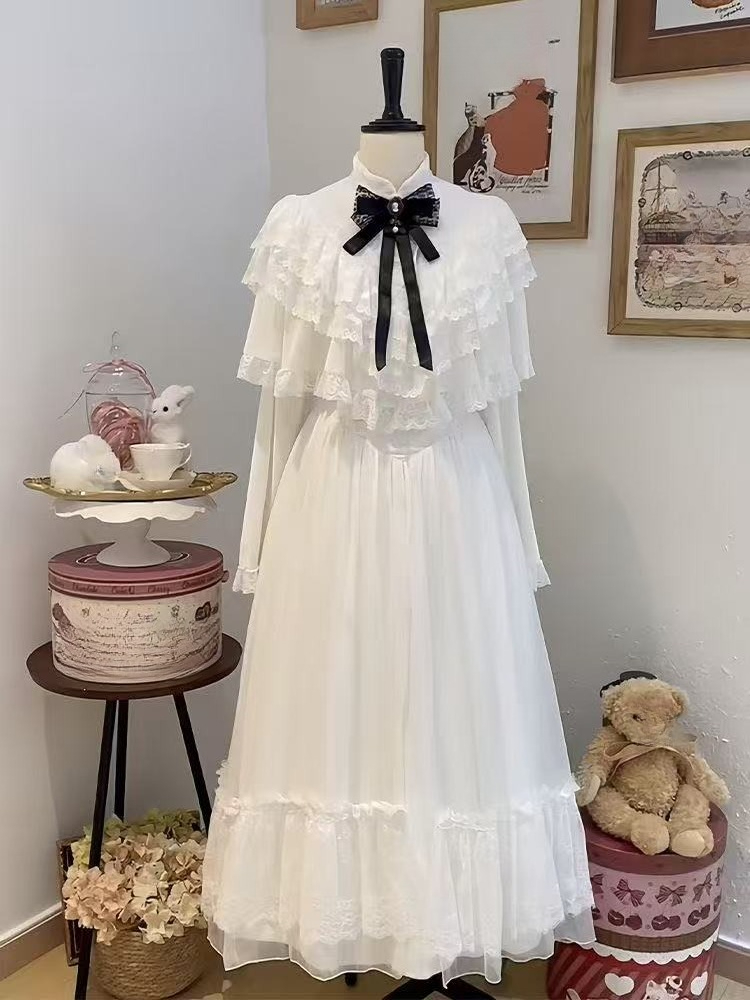 Women Formal Wear With Skirt - 일본식 반소매 리본 레이스 드레스 화이트