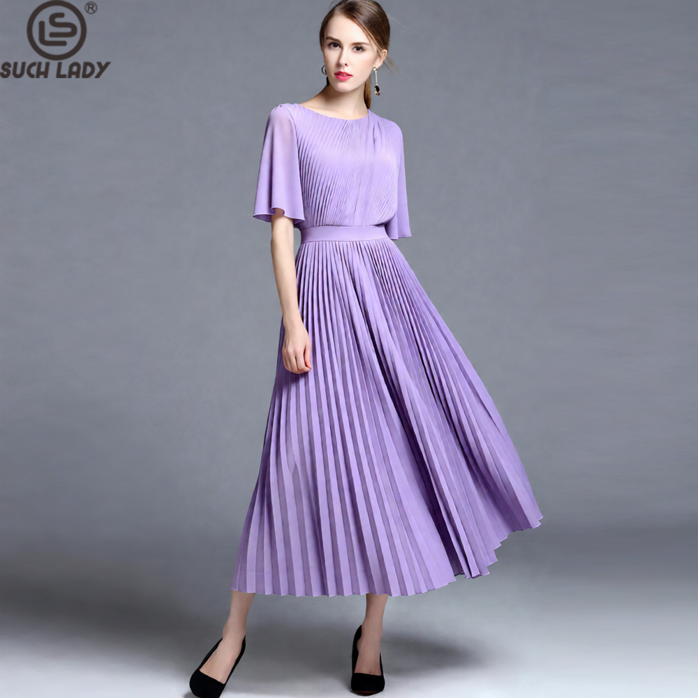 Women'S Formal Wear For Wedding Guest - 여성용 라일락 케이프 슬리브 플리츠 미디