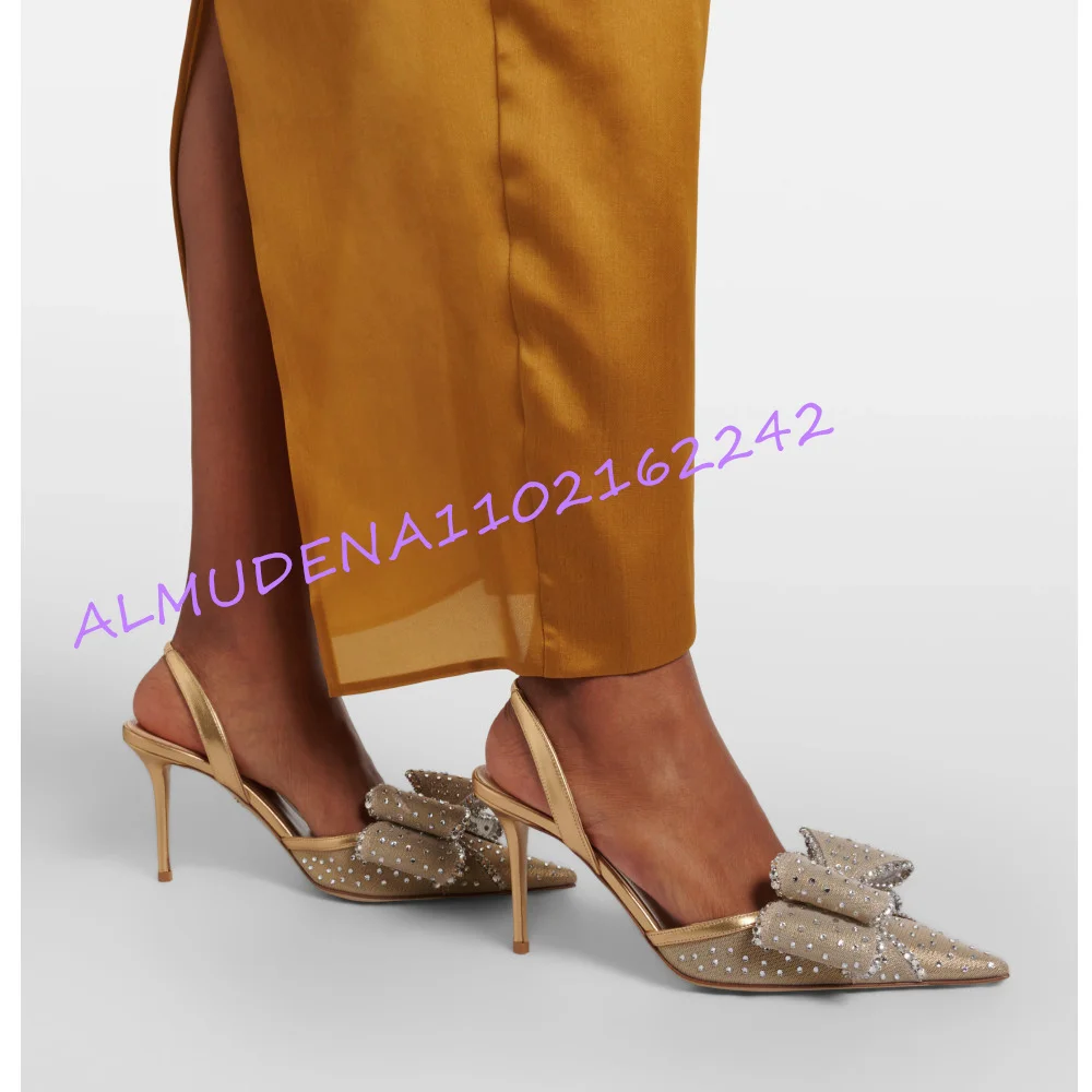 Slingback Heel Formal - 여성용 샴페인 메쉬 라인스톤 보우 슬링백