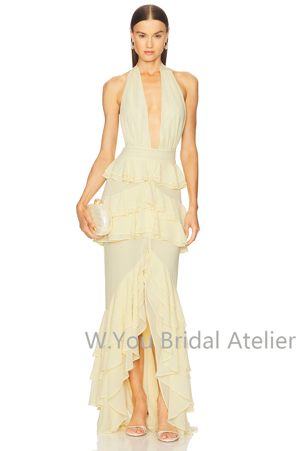 이브닝 드레스 딥 V넥 홀터 프론트 슬릿 러플 맥시 가 - Women'S Formal Wear For Wedding Guest 리뷰 및 가격