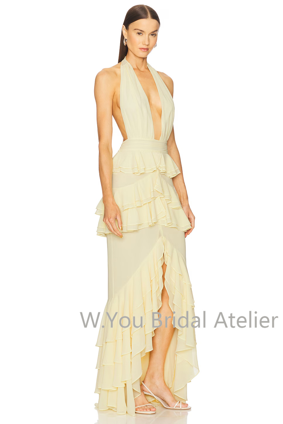 이브닝 드레스 딥 V넥 홀터 프론트 슬릿 러플 맥시 가 - Women'S Formal Wear For Wedding Guest 리뷰 및 가격