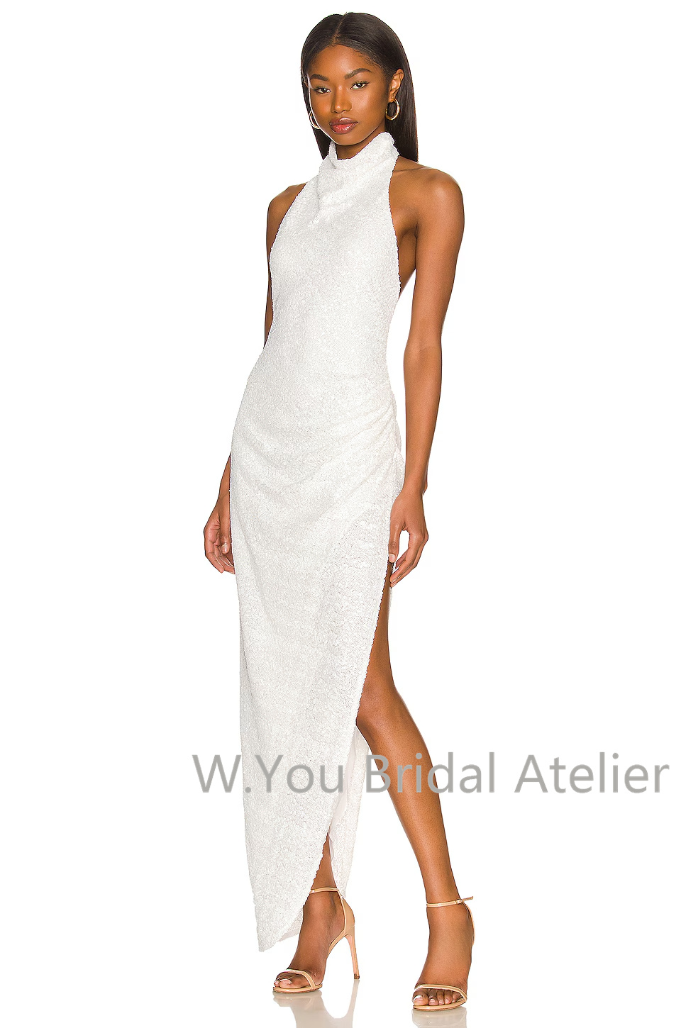 이브닝 드레스 화이트 스팽글 하이 슬릿 홀터넥 가운 여 - Women'S Formal Wear For Wedding Guest 리뷰 및 가격