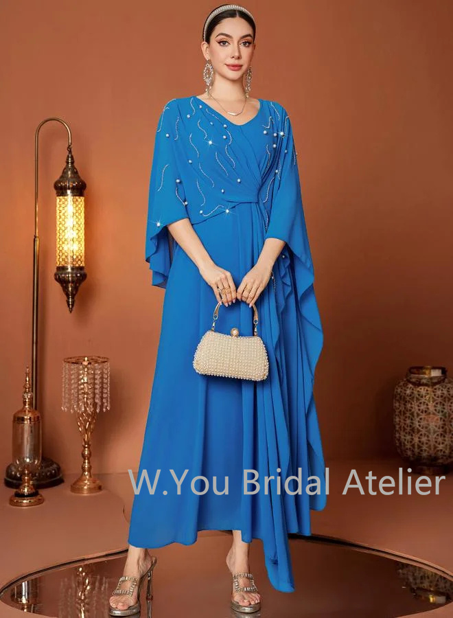 럭셔리한 이브닝 드레스 V넥 케이프 슬리브 비즈 장식  - Women'S Formal Wear For Wedding Guest 리뷰 및 가격